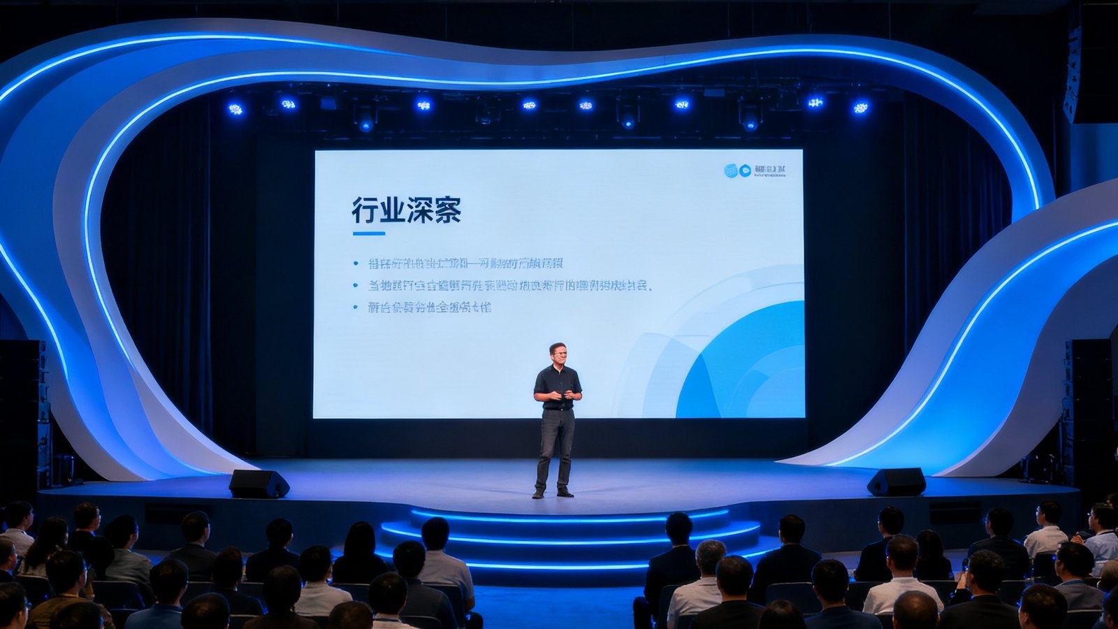 一张展示电竞产业峰会现场的照片，舞台上演讲嘉宾正在大屏幕前分享行业洞察，台下坐满了来自全国各地的参会者，会场布置采用科技感十足的蓝色灯光和流线型舞台设计