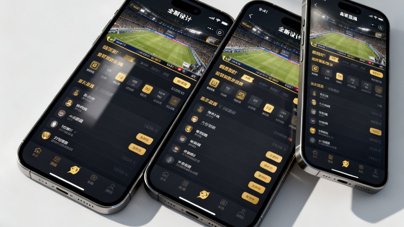 MKSports新版APP在不同移动设备上运行的展示照片，三台不同尺寸的智能手机并排摆放，屏幕都显示着全新设计的赛事直播界面，UI采用深色主题配金色点缀，界面信息布局清晰